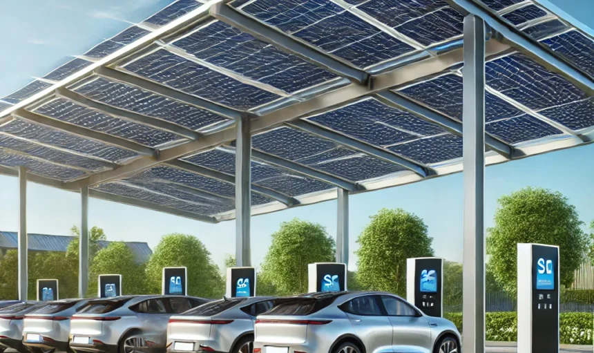 DALL·E 2025-01-18 13.05.40 - A modern solar carport installation in a sunny outdoor setting. The carport features elegant solar panels mounted on a sleek structure, providing shad